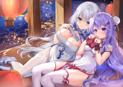 Rule 34 | 2girls, absurdres, aerial fireworks, ahoge, azur lane, blue eyes, box, breasts, bun cover, china dress, chinese clothes, cleavage, cleavage cutout, clothing cutout, double bun, dress, fireworks, folding fan, garter straps, gift, gift box, hair bun, hand fan, highres, holding, huge filesize, illustrious (azur lane), illustrious (maiden lily&#039;s radiance) (azur lane), lantern, large breasts, long hair, looking at viewer, multiple girls, new year, paper lantern, pelvic curtain, purple eyes, purple hair, reflection, shanguier, shoes, short sleeves, sitting, skindentation, small breasts, smile, tassel, thighhighs, thighs, unicorn (azur lane), unicorn (the gift of spring) (azur lane), very long hair, water, white dress, white footwear, white hair, white legwear