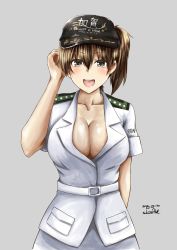 Rule 34 | 1girl, alternate costume, breasts, brown eyes, brown hair, cleavage, cowboy shot, dated, grey background, hat, highres, kaga (jmsdf), kaga (kancolle), kantai collection, large breasts, looking at viewer, military, military uniform, nakura haru, naval uniform, open mouth, short hair, side ponytail, signature, simple background, smile, solo, uniform