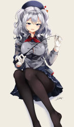 Rule 34 | 10s, 1girl, alternate costume, black panties, black pantyhose, blush, breasts, commentary request, gloves, grey eyes, hair between eyes, half-closed eyes, hat, highres, kantai collection, kashima (kancolle), large breasts, long sleeves, looking at viewer, military, military uniform, naughty face, neckerchief, neko (yanshoujie), no shoes, open mouth, panties, pantyhose, pleated skirt, popped button, riding crop, shirt, signature, silver hair, sitting, skirt, smile, solo, twintails, underwear, uniform, wavy hair, white gloves