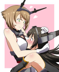 Rule 34 | 10s, 2girls, bad id, bad pixiv id, bare shoulders, black hair, breast smother, breasts, brown hair, elbow gloves, face to breasts, futami (mg42fw190d), gloves, green eyes, hairband, hand on another&#039;s head, hands on another&#039;s head, headband, headgear, heart, hug, kantai collection, large breasts, long hair, looking at another, midriff, multiple girls, mutsu (kancolle), nagato (kancolle), navel, pink background, profile, red eyes, short hair, simple background, skirt, yuri