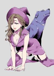 Rule 34 | 1girl, all fours, breasts, brown hair, cleavage, dog, hat, thighhighs, witch, witch hat