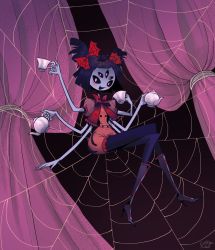 Rule 34 | 1girl, boots, colored skin, extra arms, extra eyes, high heel boots, high heels, highres, arthropod girl, monster girl, muffet, puffy short sleeves, puffy sleeves, purple skin, short sleeves, smile, solo, spider girl, tea, teapot, thigh boots, thighhighs, undertale