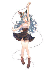 Rule 34 | 1girl, absurdres, animal ears, arm up, black skirt, blue hair, boots, brown footwear, cable, commentary, erune, ferry (granblue fantasy), flower, flower wreath, full body, granblue fantasy, hair flower, hair ornament, high-waist skirt, highres, holding, holding microphone, leon v, long hair, looking at viewer, microphone, open mouth, shirt, simple background, sketch, skirt, sleeveless, sleeveless shirt, smile, solo, symbol-only commentary, wavy hair, white background, wreath, yellow eyes