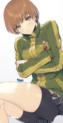 Rule 34 | 1girl, bike shorts, blush, breasts, brown eyes, brown hair, closed mouth, crossed arms, green jacket, highres, jacket, looking at viewer, murata tefu, persona, persona 4, satonaka chie, short hair, simple background, skirt, solo, track jacket, white background
