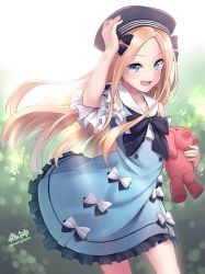 Rule 34 | 1girl, :d, abigail williams (animejapan 2018) (fate), abigail williams (fate), beret, black bow, black hat, blonde hair, blue dress, blue eyes, blush, bow, collarbone, commentary request, day, dress, fate/grand order, fate (series), forehead, hand on headwear, hat, holding, holding stuffed toy, long hair, looking at viewer, morigami (morigami no yashiro), official alternate costume, open mouth, outdoors, parted bangs, short sleeves, smile, solo, stuffed animal, stuffed toy, sunlight, teddy bear, twitter username, very long hair, white bow