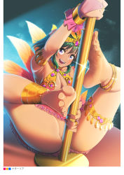 Rule 34 | 1girl, anklet, armlet, armpits, ass, bare legs, barefoot, between buttocks, blush, bracelet, breasts, bridal gauntlets, casino (casinoep), circlet, cleavage, convenient censoring, dark-skinned female, dark skin, feathers, feet, forehead jewel, gem, green hair, harem outfit, highres, idolmaster, idolmaster cinderella girls, jewelry, large breasts, legs up, looking at viewer, natalia (idolmaster), no panties, non-web source, open mouth, pole, pole dancing, purple eyes, short hair, smile, soles, solo, spread legs, stripper pole, teeth, thighlet, toenails, toes, upper teeth only