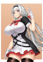 Rule 34 | 1girl, absurdres, alternate breast size, alternate costume, azur lane, black thighhighs, blue eyes, braid, breasts, commentary request, gloves, grey hair, hair ribbon, hairband, highres, huge breasts, long hair, mainz (azur lane), miso tanuki, red ribbon, ribbon, short sleeves, thighhighs, white gloves