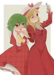 Rule 34 | 2girls, arms behind back, ascot, blonde hair, breasts, chestnut mouth, collared shirt, dress, dress shirt, elly (touhou), female focus, frilled skirt, frills, green hair, hat, highres, kazami yuuka, light smile, looking at another, looking at object, looking at phone, medium hair, multiple girls, neck ribbon, one eye closed, open clothes, open mouth, phone, plaid, plaid skirt, red dress, red eyes, red ribbon, red skirt, red vest, ribbon, selfie, shirt, short hair, skirt, small breasts, smile, sun hat, toaruroku, touhou, touhou (pc-98), vest, white headwear, white shirt, wink, yellow neckwear