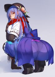 Rule 34 | &gt;:o, 1girl, :o, absurdres, aged up, ass, black footwear, black hat, black pantyhose, blue hair, blue skirt, blush, breasts, brown gloves, food, fruit, full body, gloves, hat, highres, hinanawi tenshi, large breasts, leaf, long hair, looking at viewer, looking back, neropaso, open mouth, pantyhose, peach, rainbow order, red eyes, red scarf, scarf, see-through, shoes, skirt, solo, squatting, touhou, undershirt, v-shaped eyebrows
