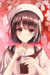 Rule 34 | 1girl, brown eyes, brown hair, collarbone, cup, drinking straw, frown, hat, holding, holding cup, katou megumi, looking at viewer, saenai heroine no sodatekata, short hair, solo, sylnice, upper body, white hat