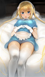 Rule 34 | 1girl, absurdres, apron, blend s, blonde hair, blue dress, blue eyes, blurry, blush, breasts, commentary request, depth of field, dress, gloves, greatmosu, hair between eyes, head scarf, highres, hinata kaho, large breasts, long hair, looking at viewer, lying, on back, on bed, open mouth, panties, pantyshot, short dress, solo, stile uniform, sweatdrop, taut clothes, taut dress, thighhighs, twintails, underwear, v-shaped eyebrows, very long hair, waist apron, waitress, white gloves, white thighhighs, zettai ryouiki