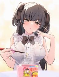 Rule 34 | 1girl, a01macaron, absurdres, black hair, blurry, blurry foreground, blush, bow, bowtie, breasts, chopsticks, depth of field, eating, fire noodle, food, hand fan, heart, heart-shaped pupils, highres, holding, holding chopsticks, idolmaster, idolmaster shiny colors, looking at object, mayuzumi fuyuko, medium breasts, nail polish, noodles, shirt, simple background, sleeveless, sleeveless shirt, solo, sweatdrop, symbol-shaped pupils, two side up, upper body, white background