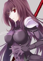 Rule 34 | 1girl, armor, bad hands, bodysuit, breasts, covered erect nipples, dated, fate/grand order, fate (series), gae bolg (fate), gloves, grey background, hair between eyes, hair intakes, holding, holding weapon, large breasts, long hair, looking at viewer, nina (pastime), pauldrons, polearm, purple bodysuit, purple hair, red eyes, red hair, scathach (fate), shoulder armor, simple background, solo, spear, turtleneck, twitter username, upper body, very long hair, weapon