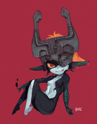 Rule 34 | 1girl, absurdres, black skin, blue skin, boridongja, breasts, cleavage, colored sclera, colored skin, crossed legs, fang, green skin, helmet, highres, looking at viewer, midna, multicolored skin, nintendo, orange hair, perky breasts, pointy ears, red background, red eyes, shortstack, simple background, solo, the legend of zelda, the legend of zelda: twilight princess, two-tone skin, yellow sclera
