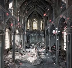 Rule 34 | 1girl, arch, architecture, bad id, bad pixiv id, bare shoulders, black eyes, black hair, blurry, blush, bouquet, church, dress, faux traditional media, flower, gothic architecture, highres, indoors, light rays, looking at viewer, looking back, original, outstretched arms, petals, ruins, scenery, shiguma (sigmasmail), short hair, sigmasmail, smile, solo, stained glass, sunlight, veil, wedding dress, window