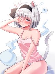 Rule 34 | 1girl, ahoge, alternate costume, animal ears, arm up, bare shoulders, black hairband, black ribbon, blue eyes, blush, breasts, cat ears, cat tail, closed mouth, collarbone, commentary request, ghost, grey hair, grey panties, hair between eyes, hairband, hand on own face, hand up, highres, hitodama, konpaku youmu, konpaku youmu (ghost), looking at viewer, medium breasts, one-hour drawing challenge, otowa (otoha4634), panties, pink shirt, ribbon, rubbing eyes, seiza, shirt, short hair, simple background, sitting, sleepy, sleeveless, sleeveless shirt, solo, speech bubble, squeans, t-shirt, tail, tears, touhou, underwear, white background