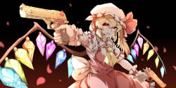 Rule 34 | 1girl, ascot, blonde hair, chinese commentary, commentary request, crystal, dated, desert eagle, dual wielding, falling petals, flandre scarlet, gun, handgun, hat, hat ribbon, headset, holding, holding gun, holding weapon, looking at viewer, microphone, mob cap, multicolored wings, one side up, open mouth, petals, puffy short sleeves, puffy sleeves, pzgr.40, red eyes, red skirt, red vest, ribbon, short hair, short sleeves, side ponytail, signature, skirt, skirt set, solo, touhou, vest, weapon, white hat, wings, yellow ascot