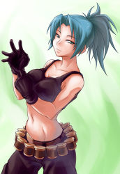 Rule 34 | 1girl, blue eyes, blue hair, gloves, leona heidern, matching hair/eyes, midriff, myp2, no bra, ponytail, sleeveless, snk, solo, tank top, the king of fighters