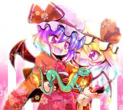 Rule 34 | 2girls, :d, alternate costume, bat wings, blonde hair, commentary request, controller, cowboy shot, crystal, dragon, eastern dragon, fang, flandre scarlet, floral print, hair between eyes, hat, hat ribbon, highres, japanese clothes, kimono, looking at another, mob cap, multiple girls, one eye closed, one side up, open mouth, purple hair, red eyes, red kimono, red ribbon, remilia scarlet, remote control, ribbon, short hair, siblings, sisters, smile, tanono, touhou, wings, yukata