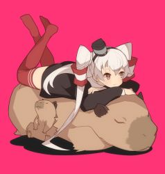 Rule 34 | 10s, 1girl, :3, amatsukaze (kancolle), bad id, bad twitter id, brown eyes, capybara, child, closed eyes, crossed arms, crossed legs, dress, full body, hair tubes, hairband, hajime (hajime-ill-1st), hat, headgear, kantai collection, legs up, long hair, long sleeves, lying, magenta background, mini hat, no pants, on stomach, pink background, red eyes, red thighhighs, sailor dress, simple background, sleeping, smile, solo, striped clothes, striped thighhighs, thighhighs, twintails, two side up, white hair, zettai ryouiki