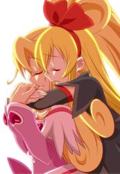 Rule 34 | 2girls, aida mana, arms around neck, blonde hair, blue-fin, bow, brooch, closed eyes, couple, cure heart, dokidoki! precure, hair bow, hairband, half updo, heart, heart brooch, holding hands, hug, hug from behind, jewelry, long hair, magical girl, multiple girls, ponytail, precure, red ribbon, regina (dokidoki! precure), ribbon, simple background, smile, white background, yuri