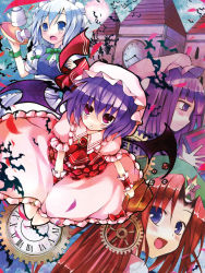 Rule 34 | 4girls, :d, :o, bad id, blue eyes, blunt bangs, blush, building, clock, embodiment of scarlet devil, female focus, gears, hong meiling, hoshikuzu, izayoi sakuya, looking at viewer, mansion, multiple girls, open mouth, parted lips, patchouli knowledge, remilia scarlet, roman numeral, scarlet devil mansion, smile, tareme, touhou