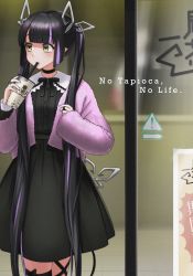 Rule 34 | 1girl, nanashi inc., alternate costume, black choker, black dress, black hair, black ribbon, blunt bangs, blush, breasts, bubble tea, choker, collar, commentary request, cowboy shot, cup, demon girl, demon horns, demon tail, dress, drinking, drinking straw, drinking straw in mouth, english text, frilled collar, frills, fur jacket, glass door, highres, holding, holding cup, horns, i namatsu, jacket, jewelry, kojo anna, leg ribbon, long hair, long sleeves, looking afar, medium breasts, multicolored hair, pink jacket, pointy ears, purple hair, ribbon, ring, sign, solo, sugar lyric, tail, twintails, two-tone hair, very long hair, virtual youtuber, warning sign, yellow eyes