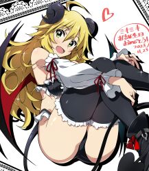 Rule 34 | 1girl, absurdres, ahoge, ass, bandeau, bare shoulders, black bandeau, black footwear, black shorts, black thighhighs, blonde hair, blush, boots, breasts, character name, demon girl, demon horns, demon tail, demon wings, detached sleeves, fake horns, fake tail, fake wings, frilled bandeau, frilled thighhighs, frills, green eyes, hand on own leg, happy birthday, heart, highres, horns, hoshii miki, idolmaster, idolmaster (classic), idolmaster million live!, idolmaster million live! theater days, jewelry, knees up, large breasts, long hair, long sleeves, looking at viewer, open mouth, red ribbon, ribbon, ribbon-trimmed sleeves, ribbon trim, ring, shorts, sitting, smile, solo, sparkle, tail, thighhighs, tokiani, white background, wings