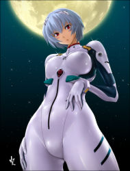 Rule 34 | 1girl, ayanami rei, blue hair, blush, bodysuit, breasts, covered erect nipples, hair ornament, interface headset, latex, looking at viewer, medium breasts, moon, neon genesis evangelion, night, nyanko batake, open mouth, plugsuit, red eyes, shiny clothes, short hair, sky, solo, sparkle, standing, star (sky), starry sky, white bodysuit
