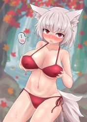 Rule 34 | ..., 1girl, animal ear fluff, animal ears, autumn leaves, bikini, blush, breast hold, breasts, chups, cleavage, cowboy shot, falling leaves, fang, grey hair, highres, inubashiri momiji, large breasts, leaf, looking at viewer, navel, open mouth, outdoors, red bikini, red eyes, short hair, solo, speech bubble, spoken blush, spoken ellipsis, standing, sweat, swimsuit, tail, touhou, tree, water, waterfall, wolf ears, wolf tail