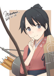 Rule 34 | 1girl, arrow (projectile), black hair, black ribbon, blue eyes, blush, bow (weapon), dated, flight deck, hair between eyes, hair ribbon, holding, holding bow (weapon), holding weapon, houshou (kancolle), japanese clothes, kantai collection, long hair, looking at viewer, mimamui, one-hour drawing challenge, quiver, ribbon, rigging, signature, solo, two-tone background, upper body, weapon