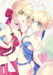Rule 34 | 2girls, absurdres, ahoge, aqua eyes, artoria pendragon (all), artoria pendragon (fate), ass, blonde hair, blue panties, blue ribbon, blue thighhighs, braid, braided bun, breasts, cleavage, collarbone, cream, cream on face, fate (series), food, food on face, frilled panties, frills, green eyes, hair between eyes, hair bun, hair ribbon, highres, holding, large breasts, lingerie, looking at viewer, medium breasts, multiple girls, negligee, nero claudius (fate), nero claudius (fate) (all), nero claudius (fate/extra), off shoulder, official alternate costume, open mouth, panties, red legwear, red panties, red ribbon, ribbon, saber (fate), short hair with long locks, sidelocks, single hair bun, thighhighs, underwear, underwear only