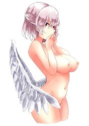 Rule 34 | 1girl, braid, breasts, commentary request, covering own mouth, cowboy shot, cropped legs, deetamu, feathered wings, french braid, from side, groin, hair between eyes, hands up, highres, kishin sagume, large breasts, looking at viewer, navel, nipples, nude, red eyes, short hair, sideboob, silver hair, simple background, single wing, solo, standing, stomach, thighs, touhou, white background, white wings, wings