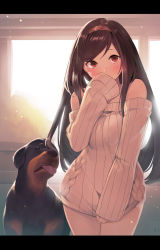 Rule 34 | 1girl, animal, aran sweater, blurry, blurry background, blush, breasts, brown hair, brown hairband, cable knit, clothes tug, commentary request, covered mouth, depth of field, dog, dog request, furukawa itsuse, grey sweater, hairband, hand up, highres, letterboxed, long hair, long sleeves, looking at viewer, off-shoulder sweater, off shoulder, original, red eyes, ribbed sweater, sleeves past fingers, sleeves past wrists, small breasts, solo, sweater, sweater tug, very long hair, window