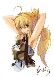 Rule 34 | 00s, 1girl, adjusting hair, ahoge, armor, armpits, artoria pendragon (all), artoria pendragon (fate), blonde hair, capcom, fate/stay night, fate/unlimited codes, fate (series), female focus, fortal, green eyes, mouth hold, ponytail, saber (fate), saber lily, simple background, solo