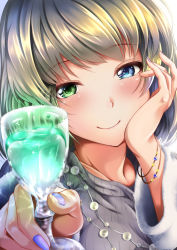 Rule 34 | 10s, 1girl, arm support, bad id, bad pixiv id, blue eyes, blush, bracelet, brown hair, cup, drink, drinking glass, drunk, eyebrows, fingernails, garana, green eyes, head rest, heterochromia, holding, holding cup, holding drinking glass, idolmaster, idolmaster cinderella girls, jewelry, long sleeves, looking at viewer, nail polish, necklace, portrait, purple nails, ribbed sweater, short hair, smile, solo, sweater, takagaki kaede
