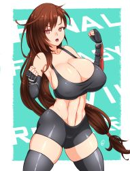 Rule 34 | 1girl, abs, bare shoulders, black tank top, breasts, brown eyes, brown hair, cleavage, clenched hands, commentary request, elbow gloves, final fantasy, final fantasy vii, final fantasy vii remake, fingerless gloves, gloves, highres, huge breasts, large breasts, long hair, low tied hair, mak0h, midriff, open mouth, shirt, short shorts, shorts, solo, tank top, taut clothes, taut shirt, thighhighs, tifa lockhart, very long hair