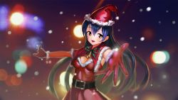 Rule 34 | 10s, 1girl, :d, bell, belt, blue hair, blurry, blush, bokeh, breasts, christmas, cleavage, depth of field, fur trim, gloves, hat, highres, love live!, love live! school idol festival, love live! school idol project, medium breasts, open mouth, perspective, santa costume, santa hat, smile, solo, sonoda umi, ushas, yellow eyes