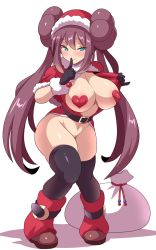 Rule 34 | 1girl, alternate breast size, areola slip, bag, black thighhighs, blue eyes, bottomless, breasts, christmas, creatures (company), curvy, double bun, finger to mouth, fur trim, game freak, gloves, hair bun, hat, heart pasties, highres, konno tohiro, large breasts, leg warmers, long hair, looking at viewer, nintendo, official alternate costume, open clothes, open shirt, pasties, pokemon, pokemon masters ex, rosa (holiday 2019) (pokemon), rosa (pokemon), santa hat, seductive smile, shiny skin, shoes, simple background, smile, solo, standing, thick thighs, thighhighs, thighs, twintails, very long hair, wide hips