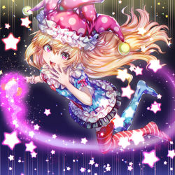 Rule 34 | 1girl, american flag dress, american flag legwear, blonde hair, clownpiece, dress, embellished costume, fairy wings, fire, floating hair, full body, hat, here (hr rz ggg), highres, jester cap, long hair, looking at viewer, neck ruff, pantyhose, pink eyes, pink hat, polka dot, short dress, short sleeves, smile, solo, star (symbol), striped, torch, touhou, transparent wings, very long hair, wings