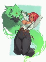 Rule 34 | 1girl, 1other, absurdres, arrow (symbol), belt, blue eyes, breasts, bursting breasts, collared shirt, colored shoe soles, dark-skinned female, dark skin, facial mark, forehead mark, giovanna (guilty gear), green fur, guilty gear, guilty gear strive, high-waist pants, highres, jumping, multiple belts, no bra, pants, partially unbuttoned, pink lips, plunging neckline, police badge, recycling symbol, red hair, rei (guilty gear), riz, shirt, short hair, sleeves pushed up, solo, suspenders, suspenders hanging, thick thighs, thighs, white footwear, wolf, wrist cuffs