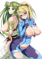 Rule 34 | 2girls, armlet, back, back-to-back, bare shoulders, belt, belt skirt, blonde hair, blue eyes, blush, bodysuit, breast suppress, breasts, breasts out, breath, circlet, clothes pull, covered navel, cowboy shot, dress, dress pull, embarrassed, gloves, green eyes, green hair, hair between eyes, hair ornament, hands on own chest, head tilt, high ponytail, highres, interlocked fingers, jewelry, kid icarus, large areolae, large breasts, light smile, long hair, looking back, metroid, mole, mole under mouth, morimoto kiyona, multiple girls, neck ring, necklace, nintendo, nipples, own hands together, palutena, ponytail, puffy nipples, raised eyebrows, samus aran, scrunchie, side slit, simple background, skindentation, smile, super smash bros., sweat, swept bangs, thighhighs, torn bodysuit, torn clothes, turtleneck, vambraces, very long hair, white background, white legwear, zero suit