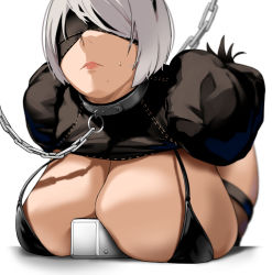Rule 34 | 1girl, 2b (nier:automata), alternate breast size, android, bakkanki, bdsm, between breasts, bikini, black bikini, black blindfold, black thighhighs, blindfold, bondage, bound, breastless clothes, breasts, chain, cleavage, collar, huge breasts, kneeling, large breasts, lips, mole, mole under mouth, nier:automata, nier (series), pod (nier:automata), robot, shade, shaded face, shadow, short hair, sweat, sweatdrop, swimsuit, thighhighs, white background, white hair