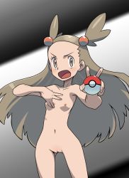 Rule 34 | 1girl, breasts, cleft of venus, collarbone, creatures (company), game freak, gluteal fold, green eyes, green hair, highres, holding, holding poke ball, ishikawa hideki, jasmine (pokemon), juli (pixiv30498194), long hair, looking at viewer, navel, nintendo, nipples, nude filter, open mouth, poke ball, pokemon, pokemon hgss, pokemon tcg, pussy, small breasts, solo, standing, third-party edit, v-shaped eyebrows