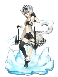 Rule 34 | 1girl, :d, absurdres, animal ear fluff, animal ears, arknights, armband, bandeau, bare arms, bare shoulders, black footwear, black gloves, black shorts, boots, breasts, cabbie hat, cliffheart (arknights), commentary, dress, drop shadow, ebichiri sunday, full body, fur-trimmed boots, fur trim, gloves, grey eyes, hair between eyes, hand up, hat, highres, holding, holding weapon, jewelry, leopard ears, leopard tail, looking at viewer, medium breasts, midriff, navel, necklace, open clothes, open dress, open mouth, short hair, short shorts, shorts, silver hair, simple background, single thighhigh, smile, solo, standing, stomach, strapless, tail, thighhighs, thighs, tube top, weapon, white background, white dress, white hat