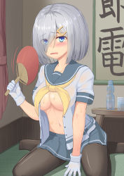 Rule 34 | 1girl, between legs, black pantyhose, blue eyes, blue sailor collar, blue skirt, blush, bottle, breasts, cup, drinking glass, eyes visible through hair, fanning self, gloves, grey hair, hair ornament, hairclip, hamakaze (kancolle), hand between legs, hand fan, hanging scroll, highres, holding, holding fan, hot, indoors, kantai collection, large breasts, looking at viewer, motion lines, neckerchief, open clothes, open mouth, open shirt, pantyhose, sailor collar, school uniform, scroll, serafuku, shirt, short hair, sitting, skirt, solo, sweat, tatami, tsukimoto reiji, wariza, water bottle, white gloves, white shirt, yellow neckerchief