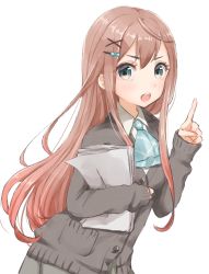 Rule 34 | 10s, 1girl, alternate costume, alternate hairstyle, asagumo (kancolle), bad id, bad pixiv id, buttons, cardigan, hair between eyes, hair down, hair ornament, hairclip, index finger raised, kantai collection, long hair, long sleeves, nuno (pppompon), open mouth, papers, school uniform, simple background, solo, very long hair, white background