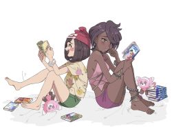Rule 34 | 2girls, ^ ^, anklet, aoaomzir, barefoot, blush, book, bracelet, brown hair, character doll, closed eyes, closed mouth, commentary request, creatures (company), dark-skinned female, dark skin, earrings, floral print, from side, game freak, gen 7 pokemon, green shorts, hat, heart, heart in mouth, highres, jewelry, multiple girls, nintendo, olivia (pokemon), open mouth, pink shirt, pokemon, pokemon sm, purple shorts, reading, red headwear, selene (pokemon), shirt, short sleeves, shorts, sitting, stufful, tearing up, tied shirt, toes, yellow shirt, z-ring