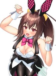 Rule 34 | 1girl, animal ears, black leotard, bow, bowtie, breasts, brown eyes, brown hair, covered navel, detached collar, fake animal ears, frame arms girl, gennai ao, hero-c-164, highleg, highleg leotard, highres, leotard, pantyhose, playboy bunny, rabbit ears, showgirl skirt, simple background, small breasts, solo, strapless, strapless leotard, traditional bowtie, vest, white background, wrist cuffs