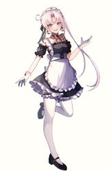 Rule 34 | 1girl, ahoge, akitsushima (kancolle), alternate costume, apron, black dress, dress, enmaided, frilled apron, frilled dress, frills, gloves, grey hair, highres, kantai collection, long hair, looking at viewer, maid, maid headdress, mary janes, purple eyes, ranran 3939, shoes, side ponytail, simple background, smile, solo, thighhighs, white apron, white background, white gloves, white thighhighs
